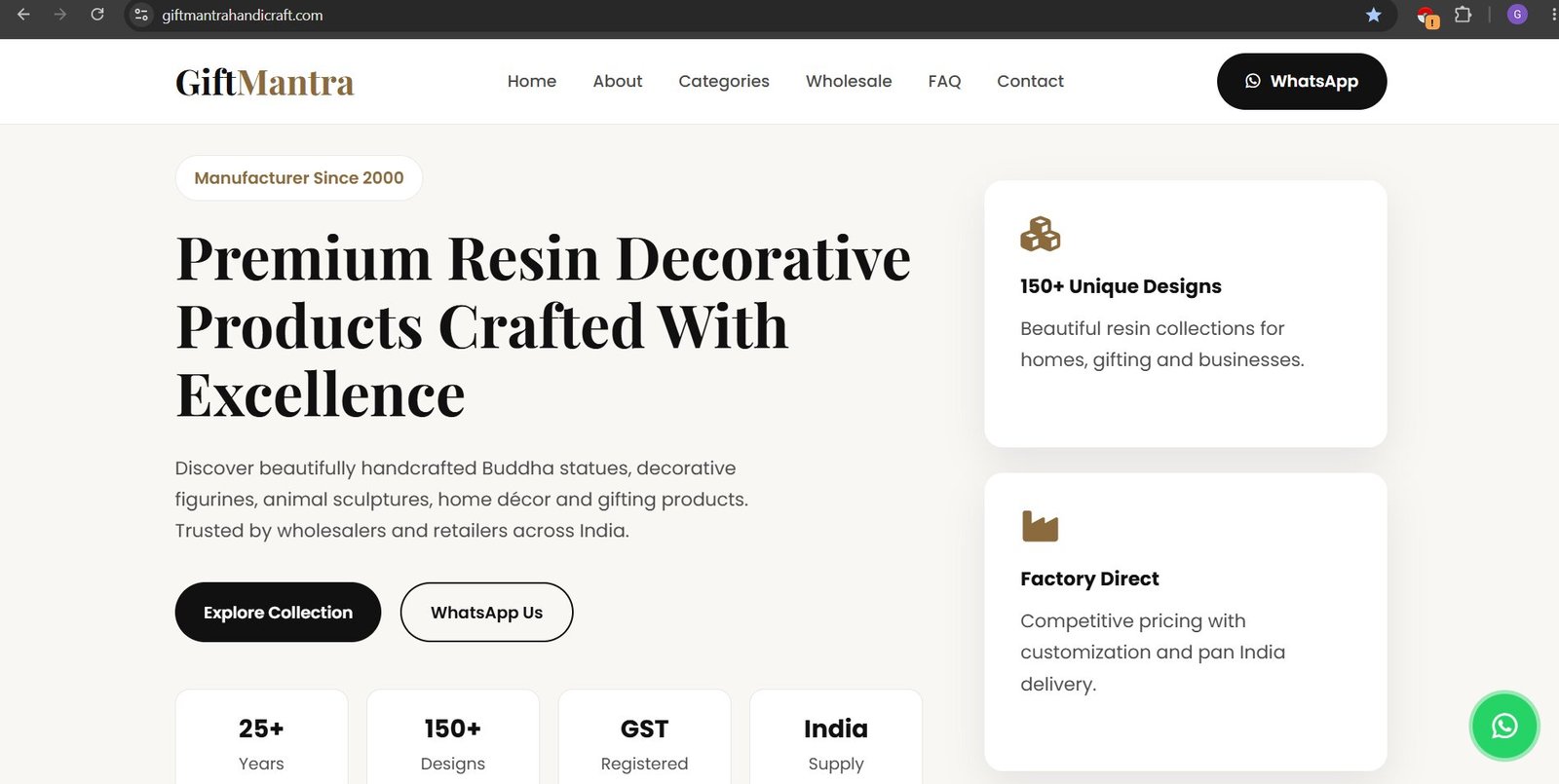 Gift Mantra Handicraft website homepage, desktop view